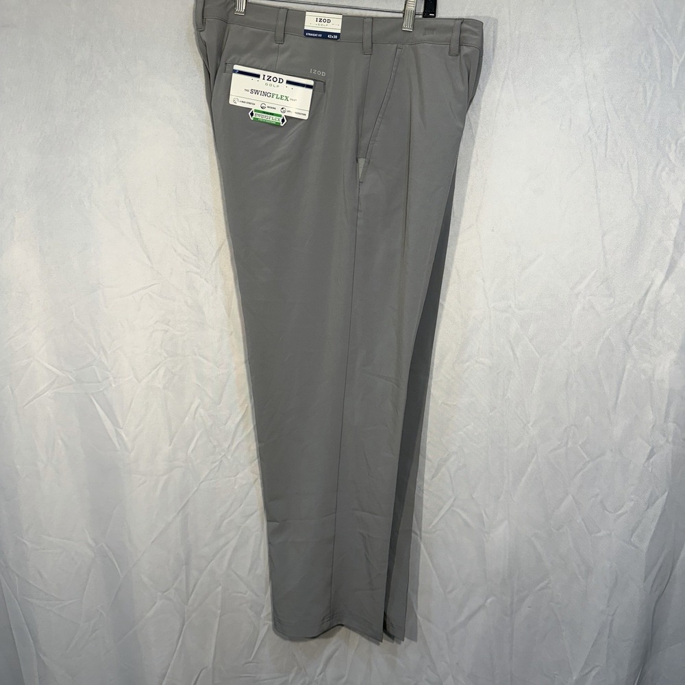 NWT Izod Golf Pants Mens 42x30 Gray Swingflex Pant Straight Khakis Performance